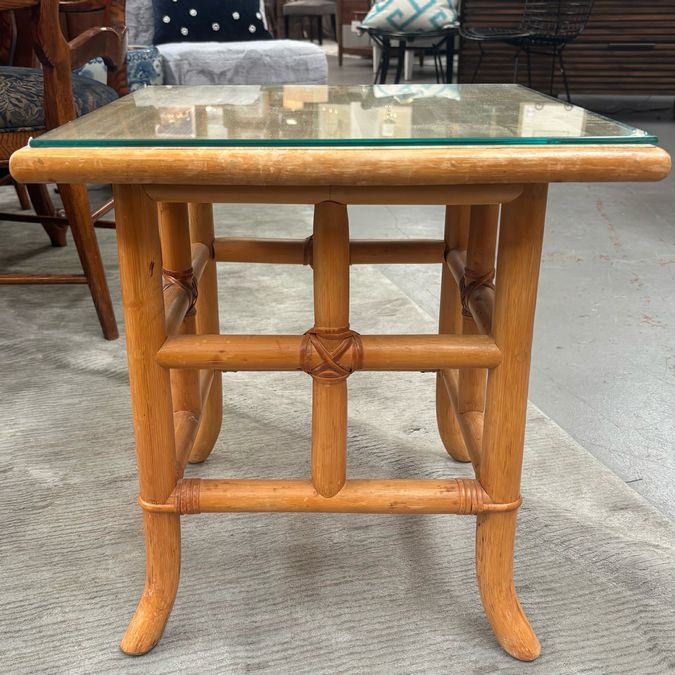 Vintage Rattan Side Table W/Glass Top 19x19x20