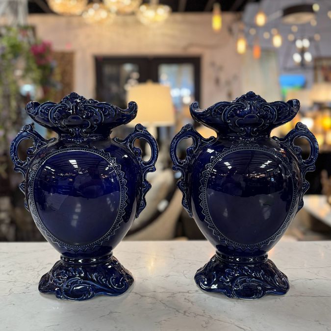 SET/2 Late 19th C. English Flow Blue Vases W/Asian Design 13"H