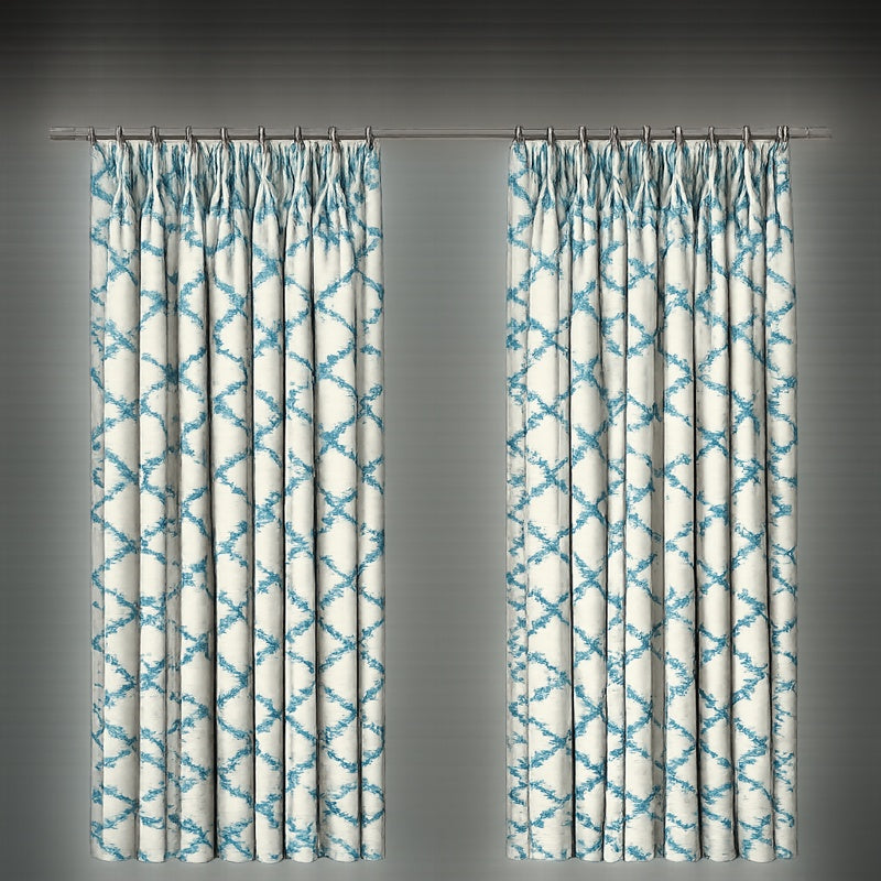 SET/6 108"L Pinch Pleat 28"Topx45"Bottom Turquoise & Ivory Geometric Draperies