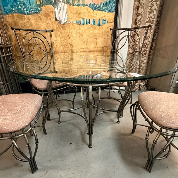 54"D Faux Bamboo Metal Table W/Glass Top, 5 Chairs