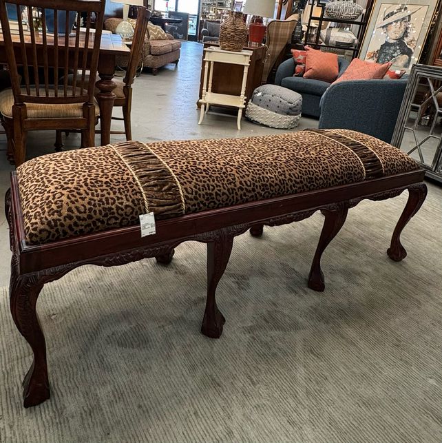 Carved Mahogany Chippendale Style Bench W/Animal Upholstery 64x19x22