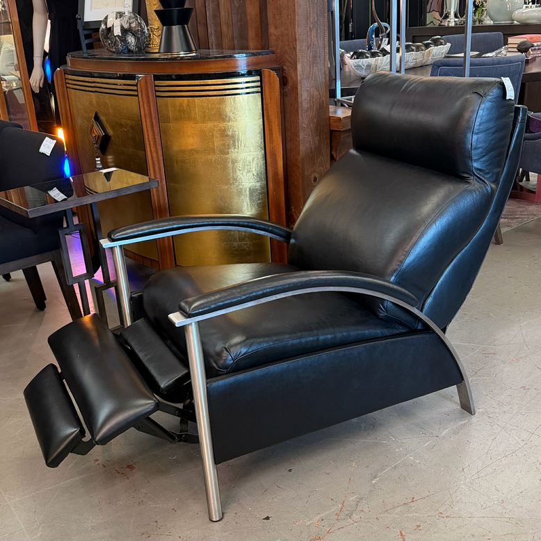 Ethan Allen Custom Black Leather & Chrome Recliner 27x37x41