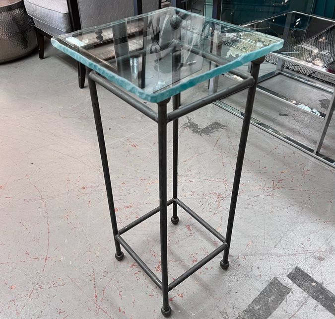 1980's Wrought Iron & Heavy Glass Top Stand 14x14x37 FINAL SALE