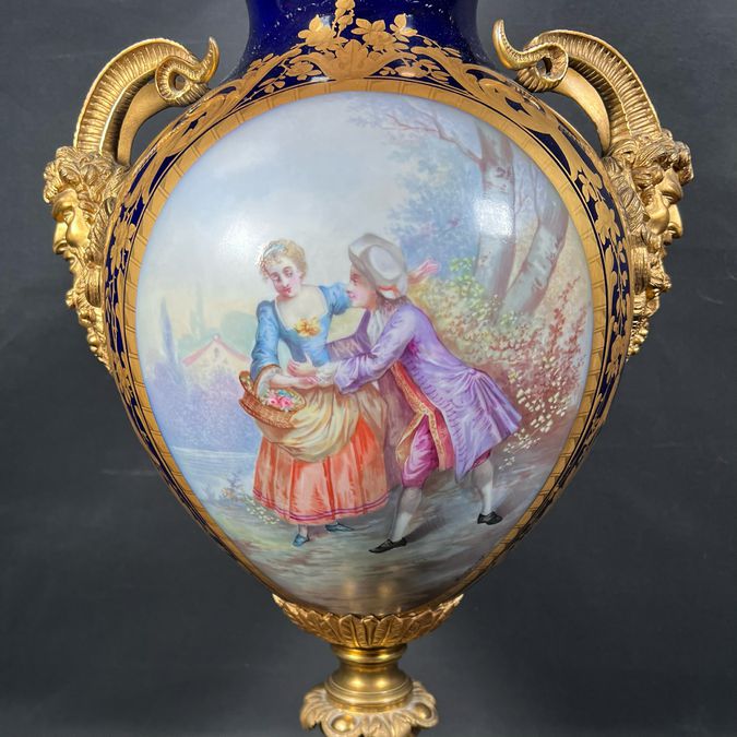 French Sevres Enamel & Bronze God of Bacchus Vase 27"H
