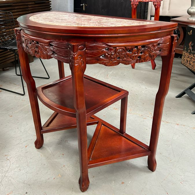 Asian Rosewood & Marble Cherry Blossom Dragon Demilune Table 33x17x31