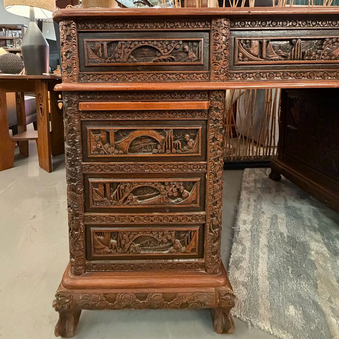 Antique Asian Relief Carved 9-Drw Double Pedestal Desk 54x30x30.5