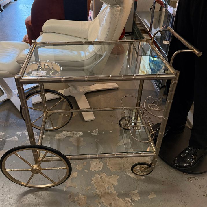 French MCM Silvered Brass Faux Bamboo & Glass Trolley 36x20x30.5
