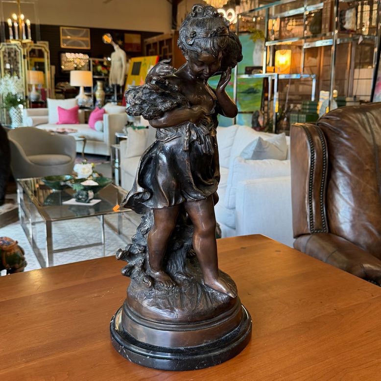 French Children Bronze On Marble Auguste Moreau 25"H