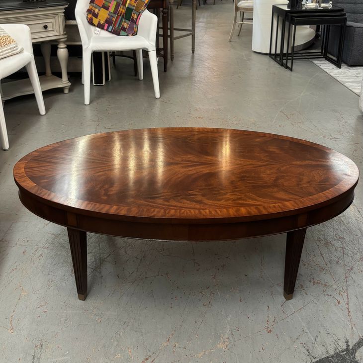 Oval Matchbook Mahogany Coffee Table W/Brass Feet 49x25.5x16.5