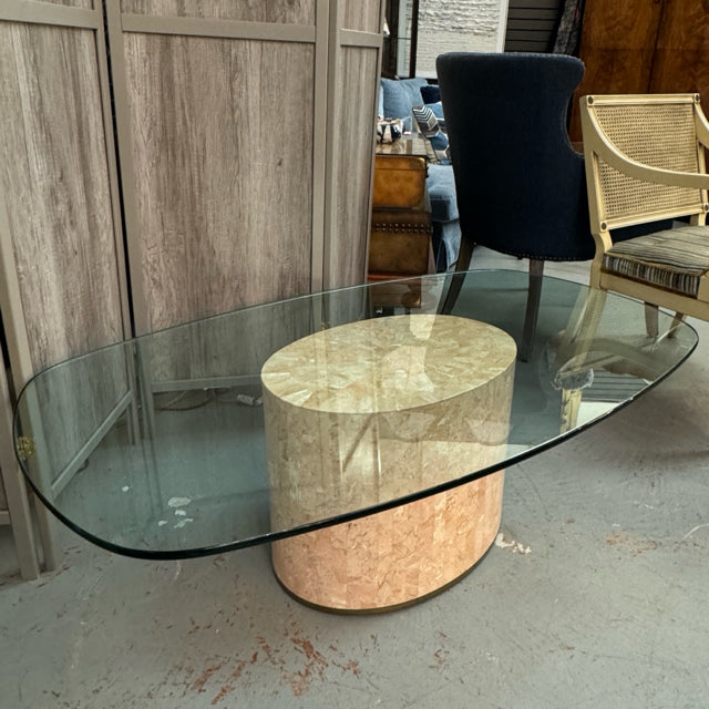 Oval Travertine Base W/Tinted Glass Top Coffee Table 50x29x16