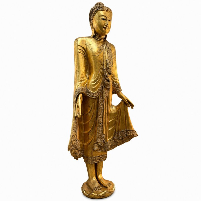 1890-1920 Burmese Gilt Wood Mandalay Standing Buddha Holding the Robe Inlaid Jew