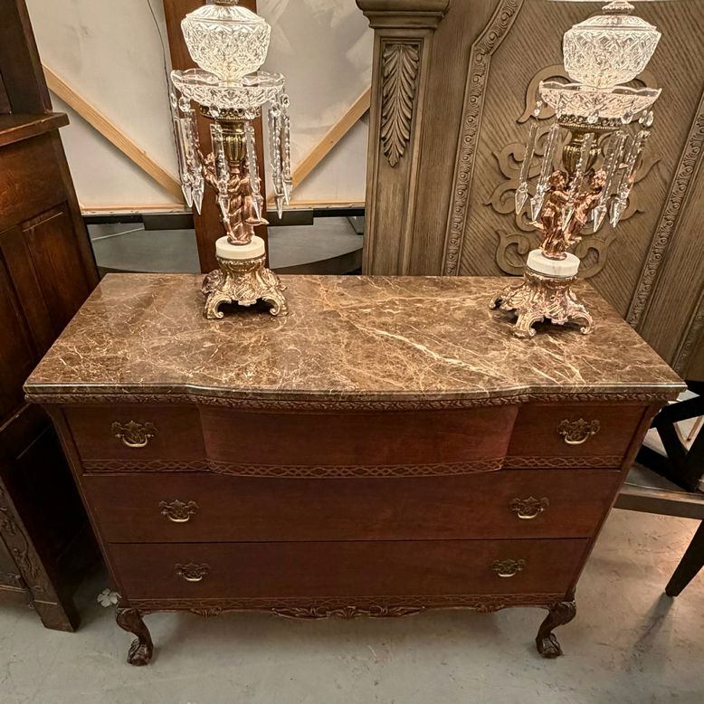 1930's Serpentine Flame Mahagony 3-Drw Chest W/Marble Top 48x21x36