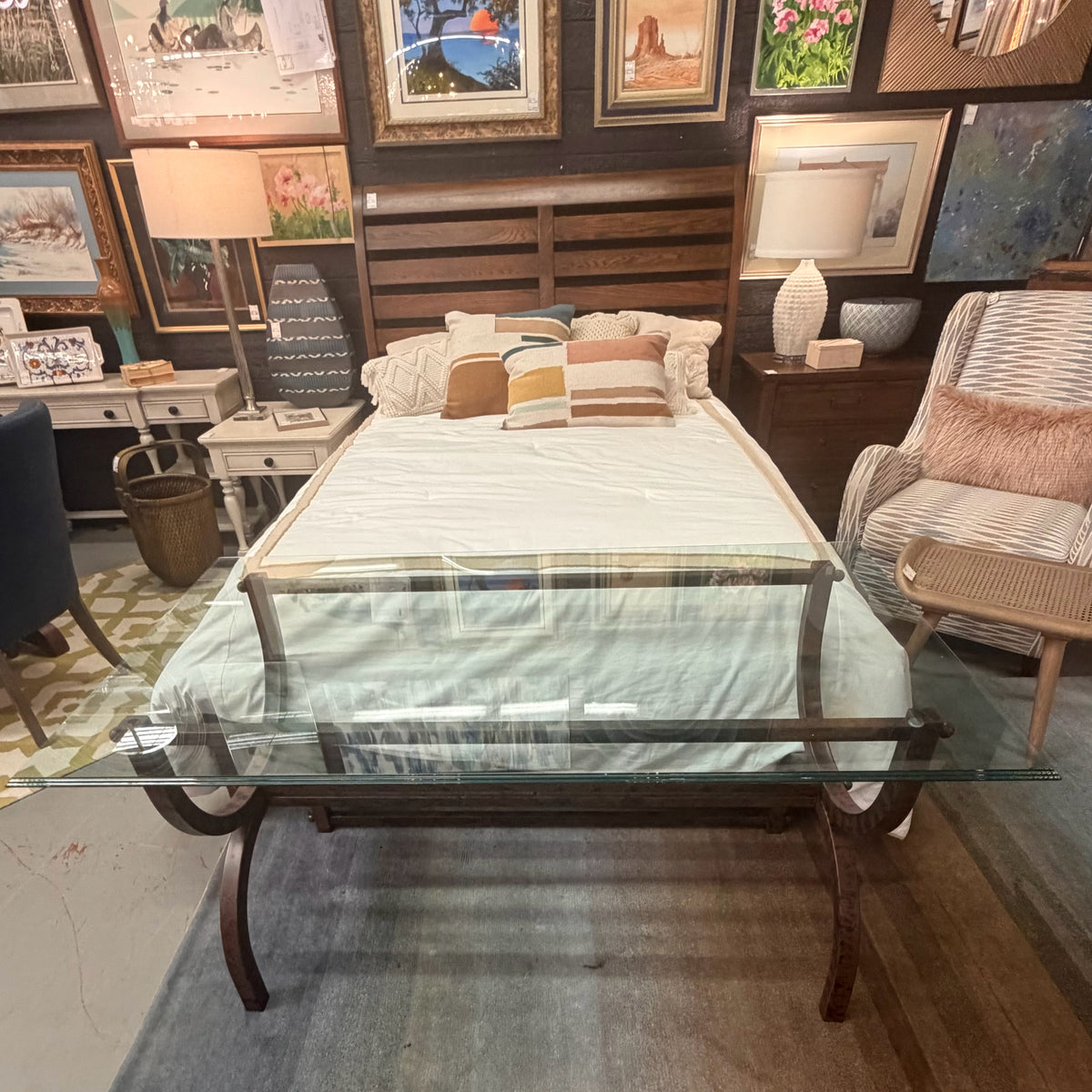 Glass Top/Curule Distress Bronze Finish Base Desk 55x30x29