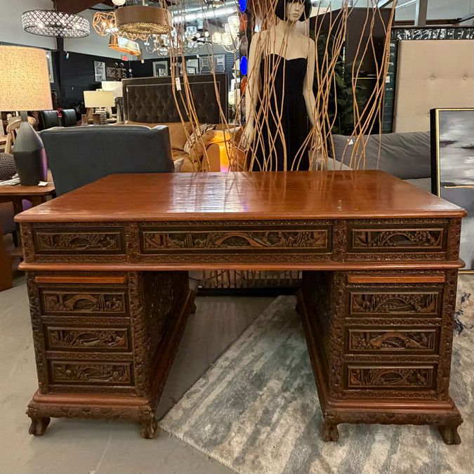 Antique Asian Relief Carved 9-Drw Double Pedestal Desk 54x30x30.5