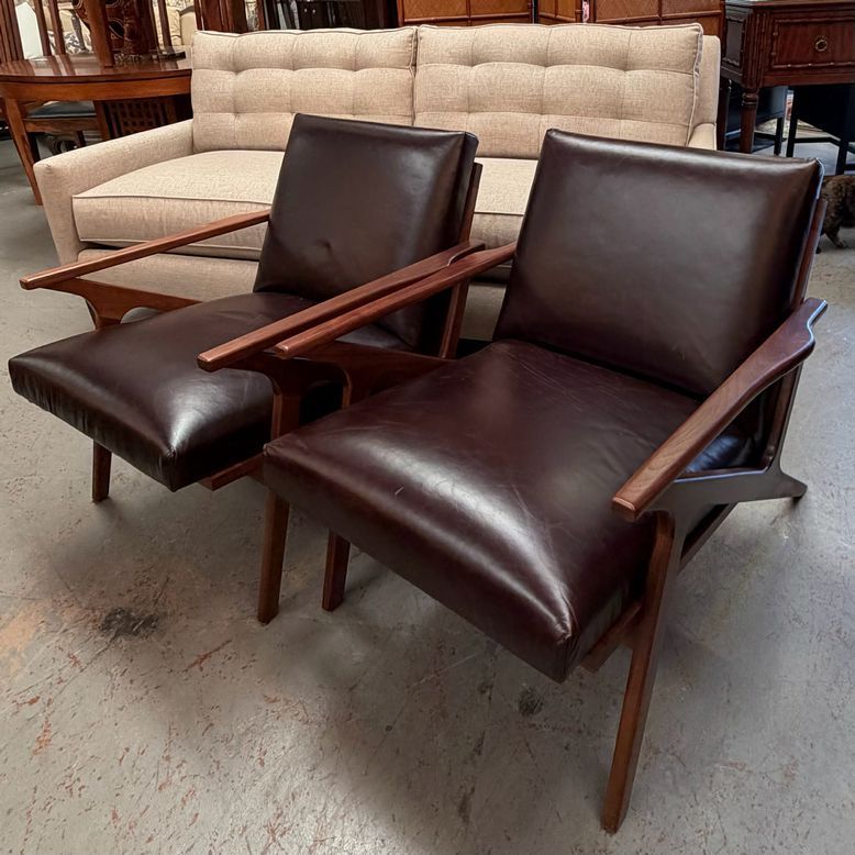 PAIR Crate & Barrel Cavett Wood & Leather Accent Chairs 28x36x30