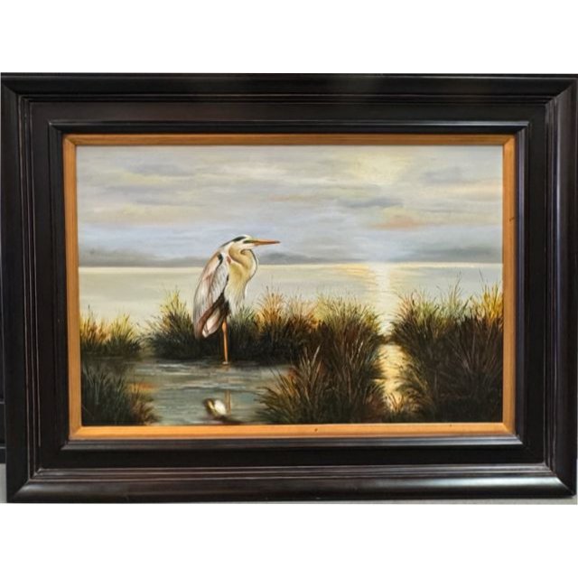 Vintage Signed Heron Oil Painting 46x34 (canvas:36x24)