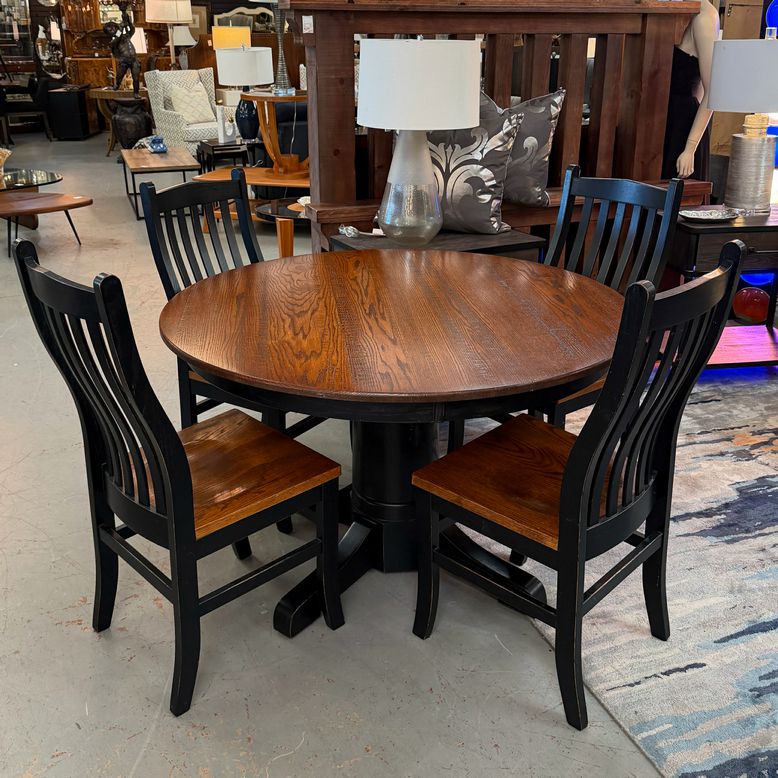 48"D Oak Top/Black Pedestal Table W/4 Chairs