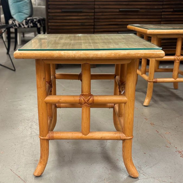 Vintage Rattan Side Table W/Glass Top 19x19x20