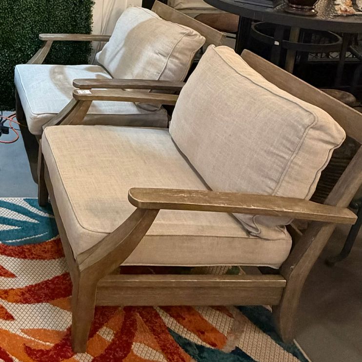 SET/2 Eucalyptus Wood Outdoor Lounge Chairs W/Cushions 31x36x32 AS IS