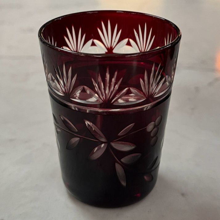 SET/11 Antique Ruby Red Czech Cut to Clear Shot Glasses