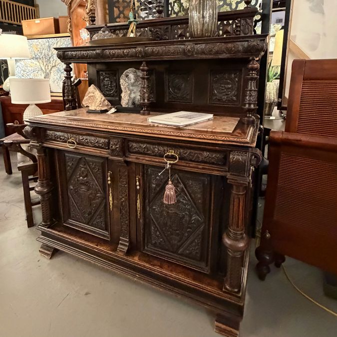 Antique French Renaissance Oak Sideboard W/Marble Inlaid Top 52x23x62.5