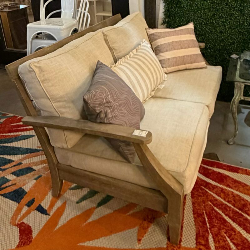 Eucalyptus Wood Outdoor Loveseat W/Cushions 56x36x32 AS IS
