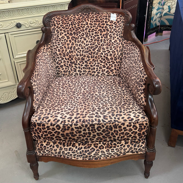 Antique/Vintage Wood Carved Chair W/Animal Print Upholstery 30x32x34 AS-IS