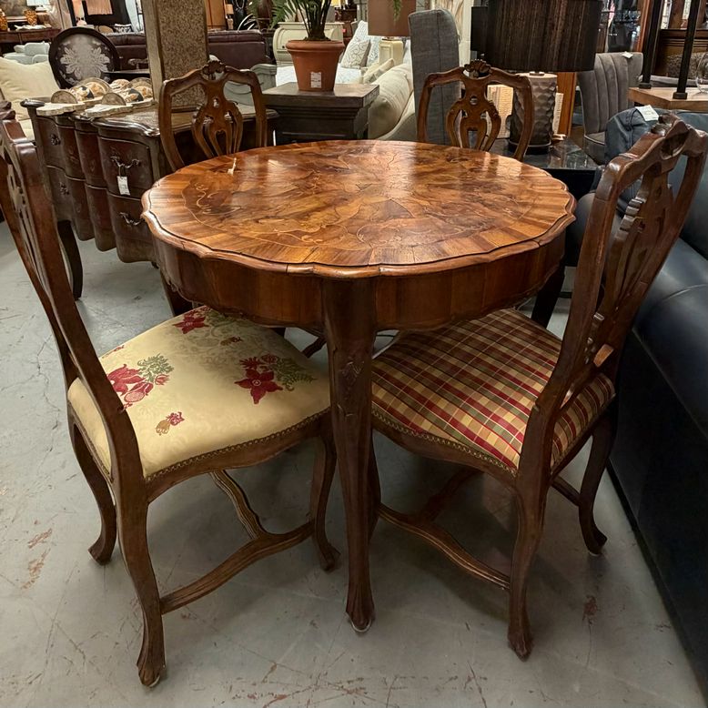1880's Italian Rococo Revival Walnut Burl Marquetry Table W/Matching Chairs