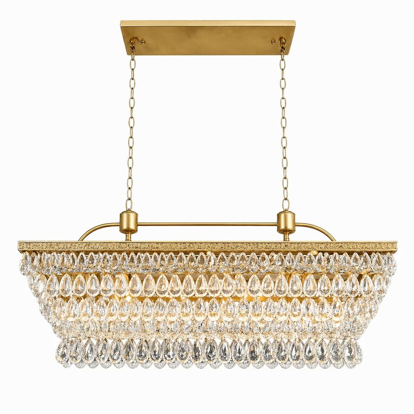 Gold 6-Light Fixture W/Teardrop Crystals Chandelier 38"Lx56"H