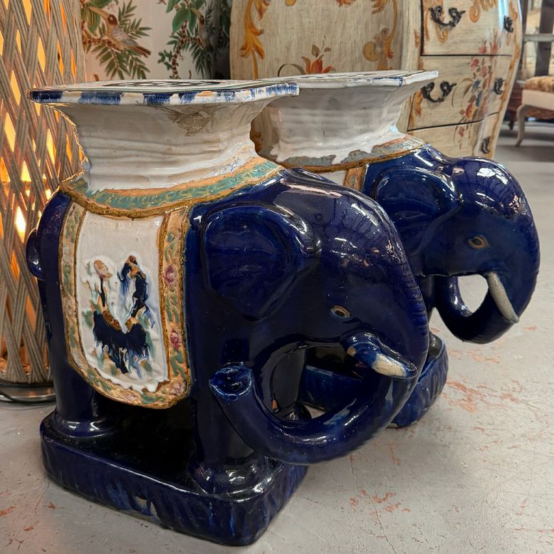 PAIR 1960's Cobalt Asian Elephant Garden Stools 20x10.5x22