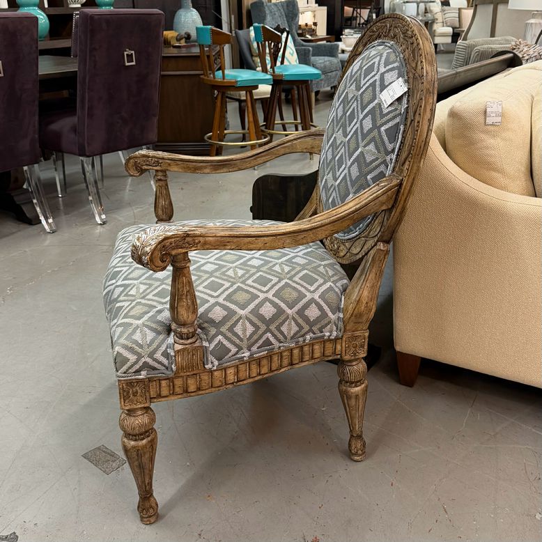 Modern Louis Style Round Back Arm Chair W/Gray Geometric Upholstery 30.5x29x41.5