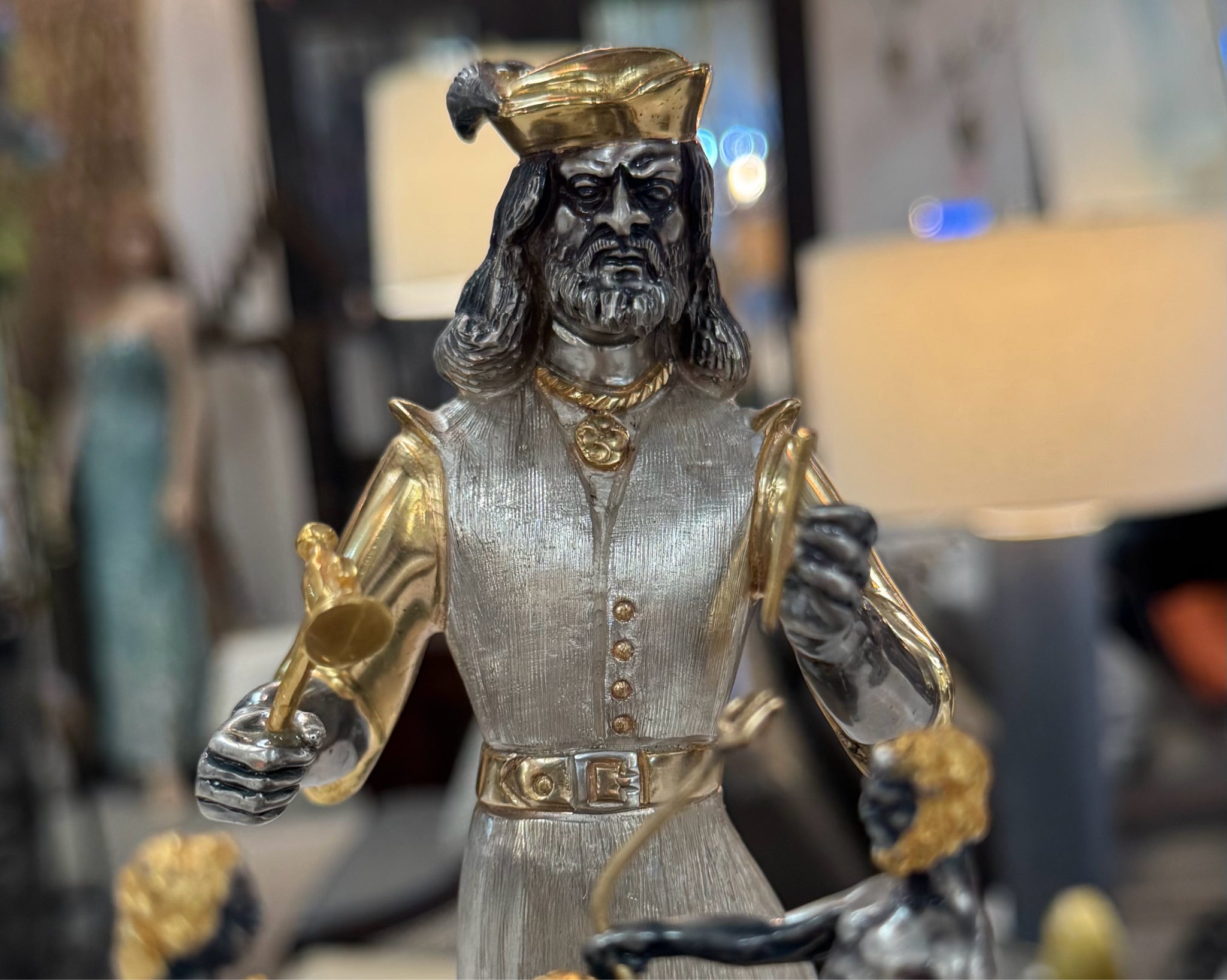 S/N Sculpture of Cellini Creating the Salt Cellar Italian Sterling Gilt Bronze S