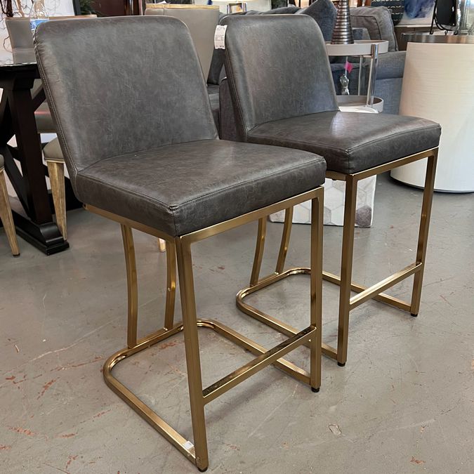 PAIR Faux Grey Leather & Gold Counter Height Barstools 16.5x16x34.5