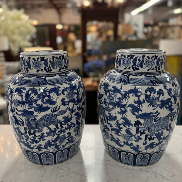 PAIR Blue/White Chinoiserie Deer Ginger Jars 15.5Hx12W