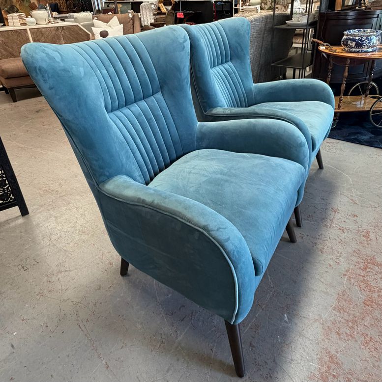 PAIR Uttermost 23314 Dax Blue Velvet Channel Back Chairs 29x30x38 ALMOST NEW!