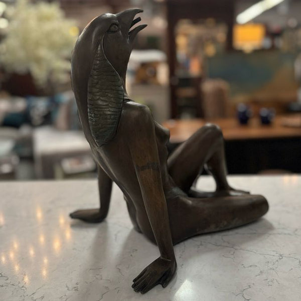 Vintage Bronze Egyptian Mythical Head W/Female Statue Fountain 16" AS IS
