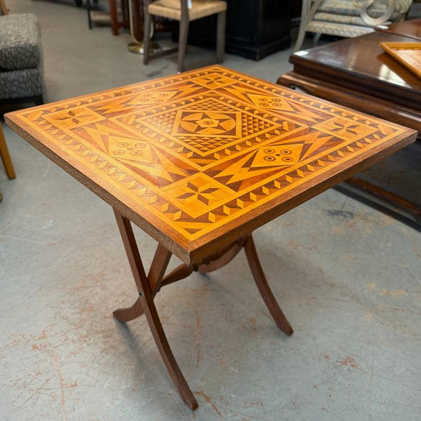Vintage Folk Art Marquetry Inlaid Folding Table 27.5x27.5x28
