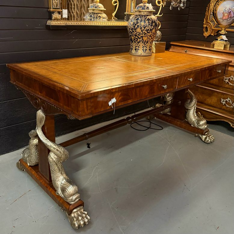 Maitland Smith Leather Top Desk W/Dolphin Legs 59.5x30x29.5