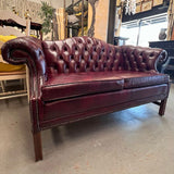 Vintage Oxblood Leather Tufted Camelback Loveseat 67x30x35