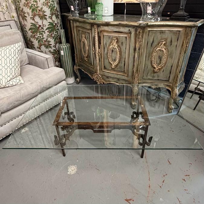 1950's Brutalist Gilded Wrought Iron Coffee Table W/Glass Top 48x30x16
