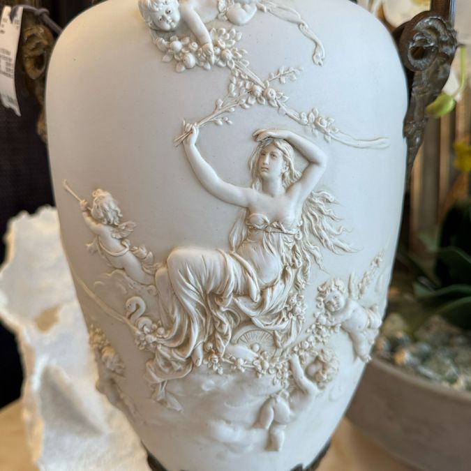 PAIR 1920's Bisque Porcelain & Bronze Vases 24.5"H