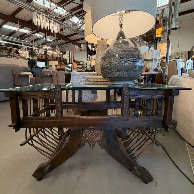 Antique Asian Howdah Elephant Chair Converted to Table W/Glass Top 46Lx24Wx26H