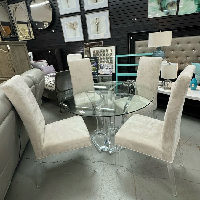 Clear Home Design Lucite & Glass Top Dining Table W/4 Electra Side Chairs 48"D
