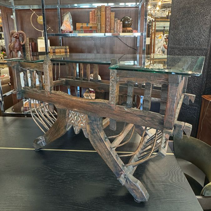 Antique Asian Howdah Elephant Chair Converted to Table W/Glass Top 46Lx24Wx26H