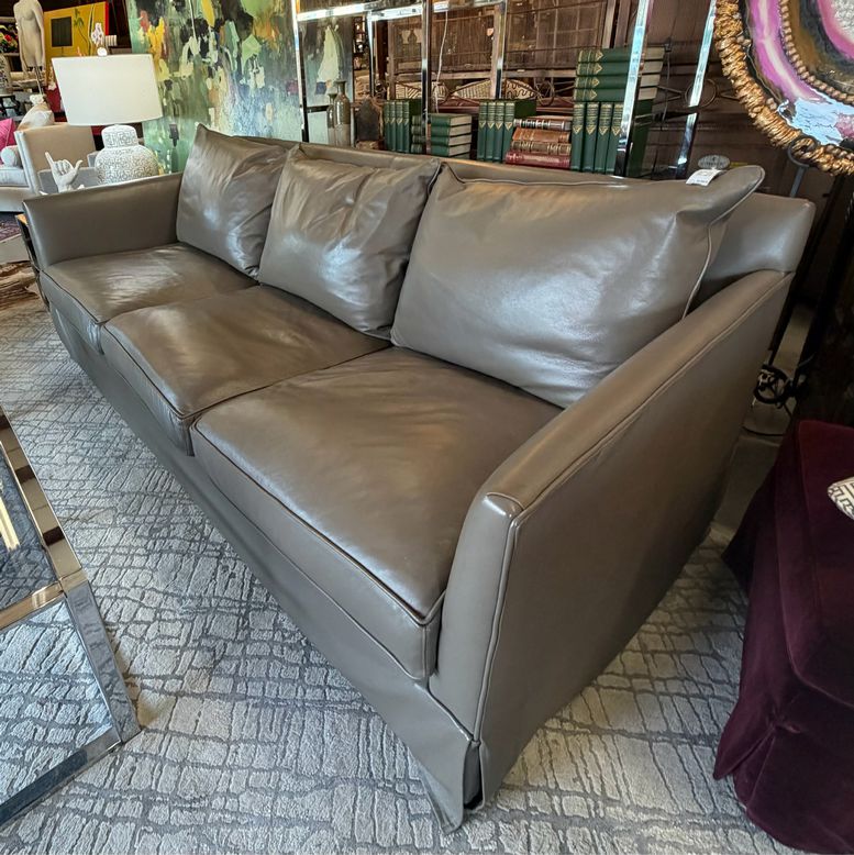 Barclay Butera Mushroom Pebbled Leather Skirted Sofa 96X42X34