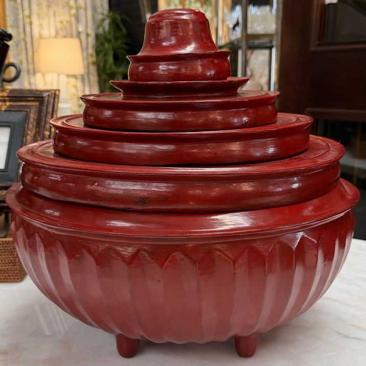 Antique Burmese Red Lacquer Monk Offering Bowl Set 16"D x 16"H