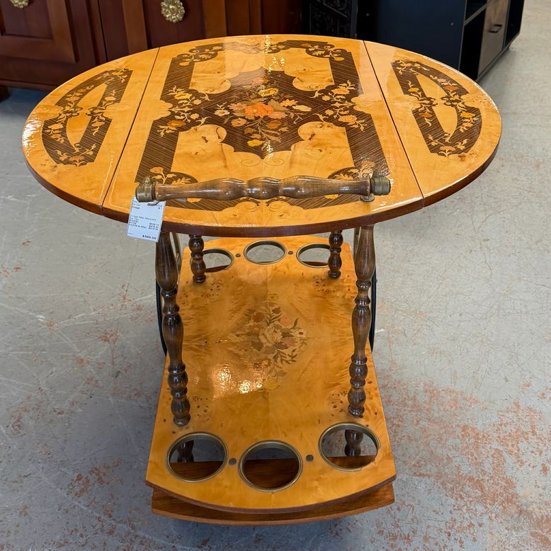 Vintage Italian Marquetry Bar Cart 29.5x29.5x26.5