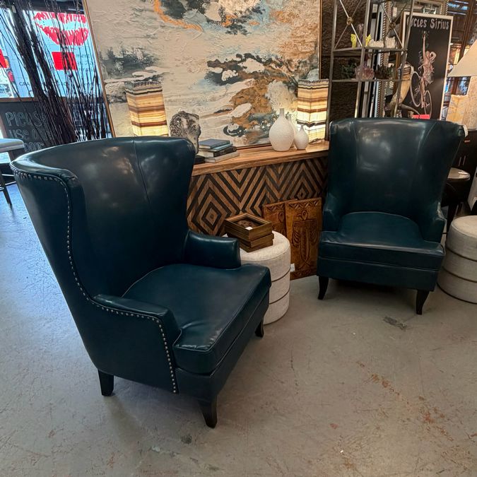 PAIR Teal Faux Leather Wingbacks W/Nailhead Trim 30x30x41