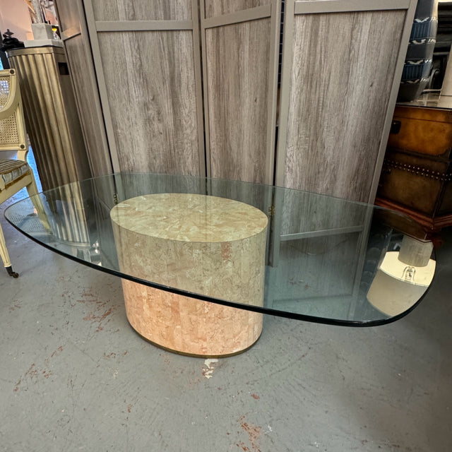 Oval Travertine Base W/Tinted Glass Top Coffee Table 50x29x16