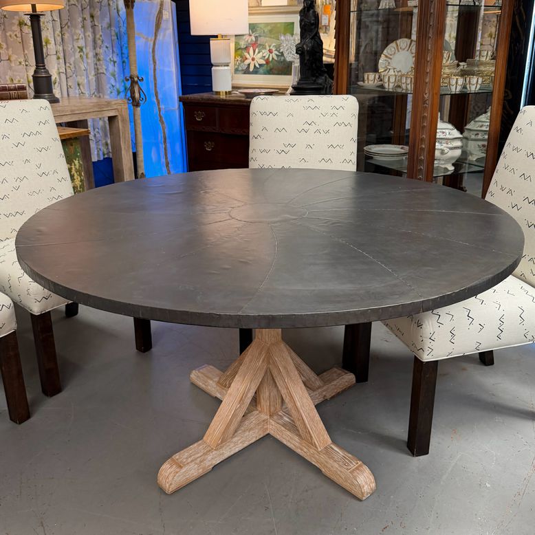Custom Hammered Zinc Table W/Oak Trestle Pedestal Base 54"Diax29.5"H